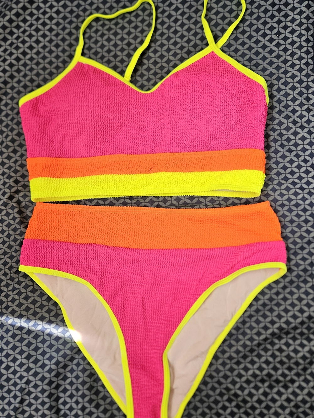 SHEIN High-Waist Neon Pink + Orange Two-Piece Bikini with Yellow Trim